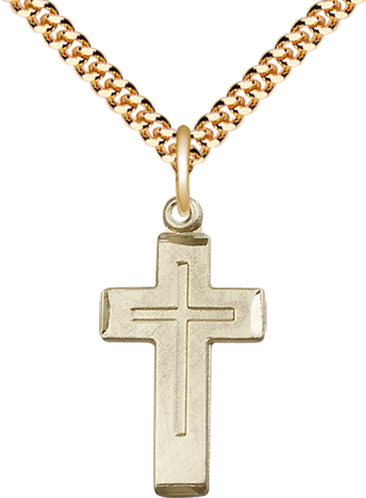 14kt Gold Filled Cross Pendant on a 24 inch Gold Plate Heavy Curb chain