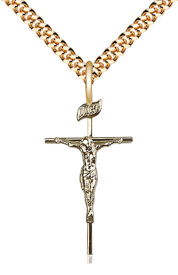 14kt Gold Filled Crucifix Pendant on a 24 inch Gold Plate Heavy Curb chain