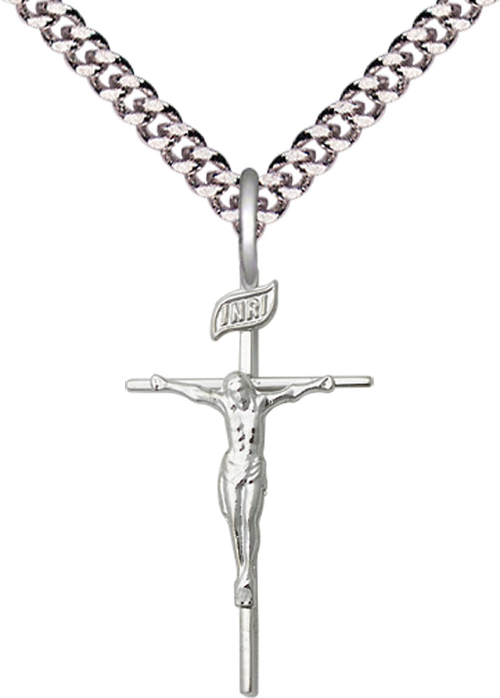 Sterling Silver Crucifix Pendant on a 24 inch Light Rhodium Heavy Curb chain