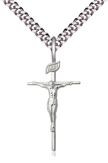 Sterling Silver Crucifix Pendant on a 24 inch Light Rhodium Heavy Curb chain