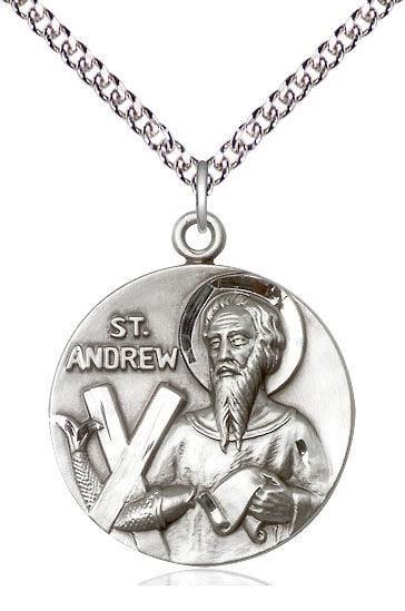 Sterling Silver Saint Andrew Pendant on a 24 inch Sterling Silver Heavy Curb chain