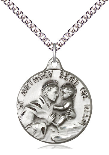 Sterling Silver Saint Anthony Pendant on a 24 inch Sterling Silver Heavy Curb chain