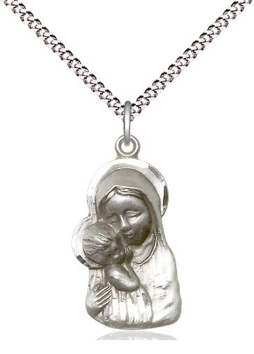 Sterling Silver Madonna &amp; Child Pendant on a 18 inch Light Rhodium Light Curb chain