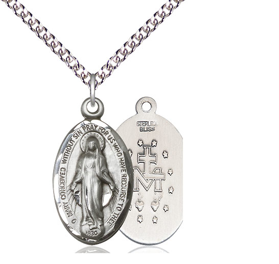 Sterling Silver Miraculous Pendant on a 24 inch Sterling Silver Heavy Curb chain