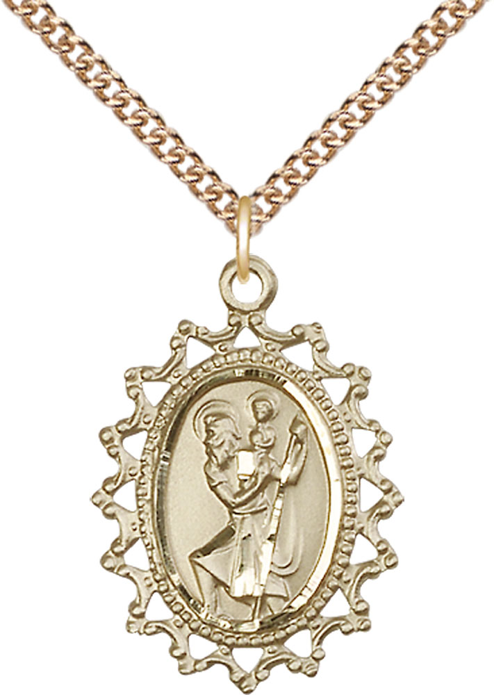 14kt Gold Filled Saint Christopher Pendant on a 24 inch Gold Filled Heavy Curb chain