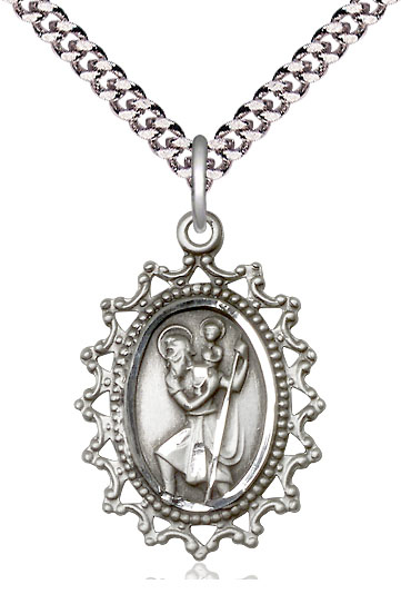 Sterling Silver Saint Christopher Pendant on a 24 inch Light Rhodium Heavy Curb chain