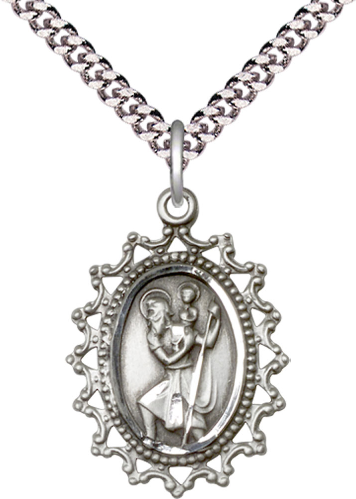 Sterling Silver Saint Christopher Pendant on a 24 inch Light Rhodium Heavy Curb chain