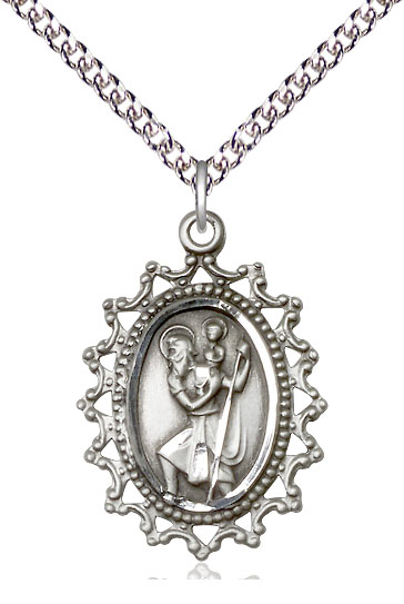 Sterling Silver Saint Christopher Pendant on a 24 inch Sterling Silver Heavy Curb chain