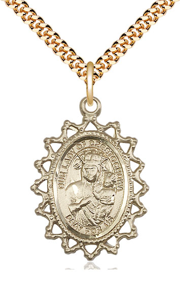 14kt Gold Filled Our Lady of Czestochowa Pendant on a 24 inch Gold Plate Heavy Curb chain