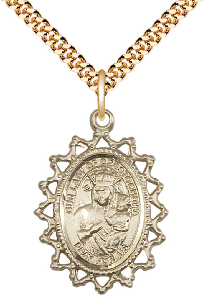 14kt Gold Filled Our Lady of Czestochowa Pendant on a 24 inch Gold Plate Heavy Curb chain