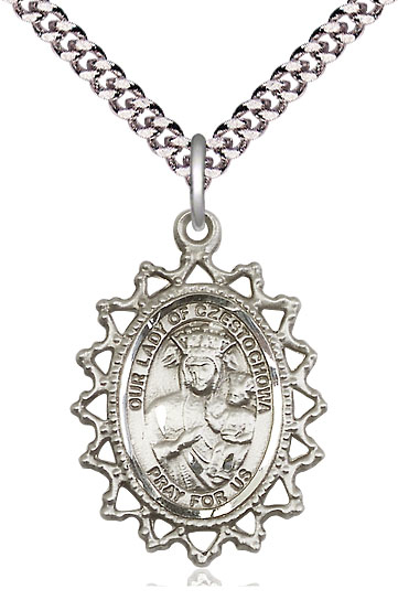 Sterling Silver Our Lady of Czestochowa Pendant on a 24 inch Light Rhodium Heavy Curb chain