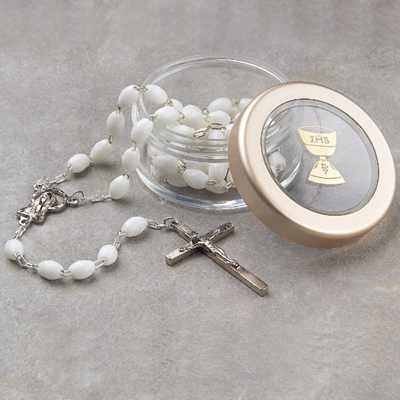 Communion White Rosary &amp; Box - Communion