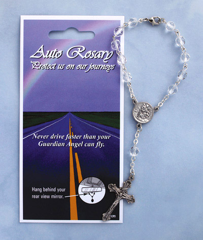 Crystal Auto Rosary With Guardian Angel Medal Crystal