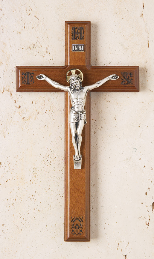 11In. Walnut Crucifix With Laser-Engraved Pattern