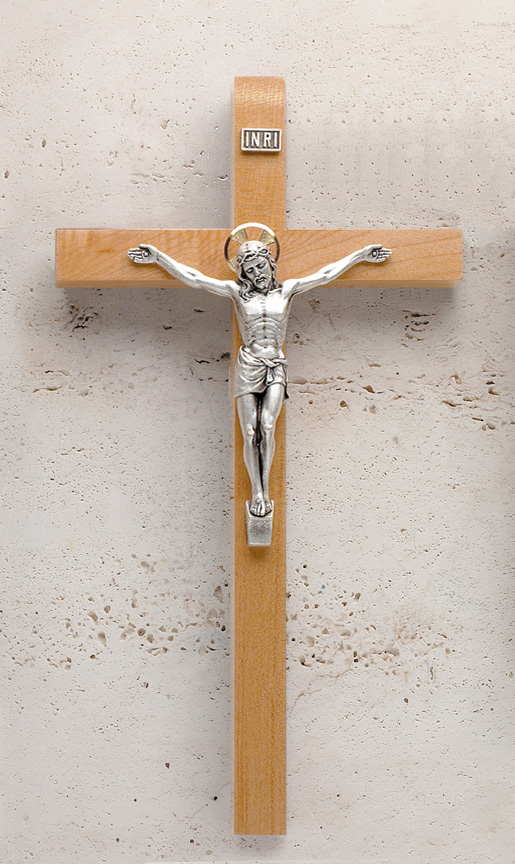 12in. Maple Crucifix with Silverplatd Salerni Corpus