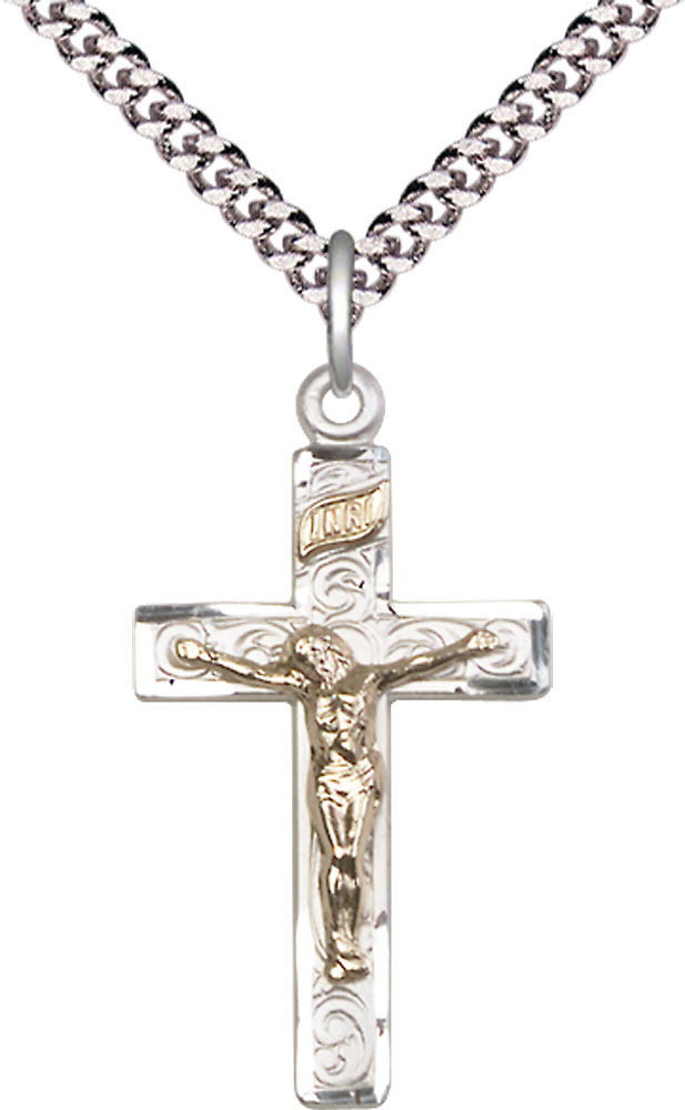 Two-Tone GF/SS Crucifix Pendant on a 24 inch Light Rhodium Heavy Curb chain