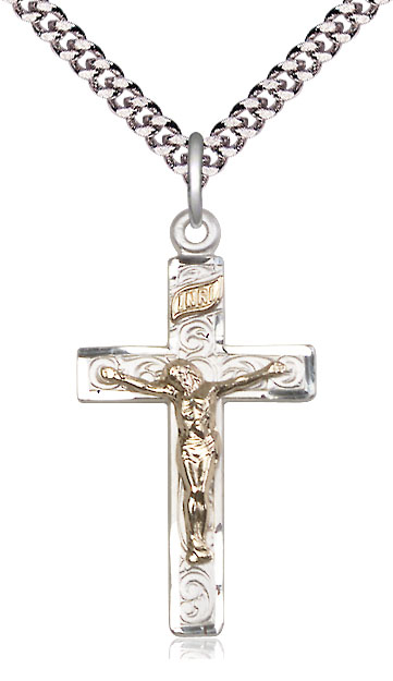 Two-Tone GF/SS Crucifix Pendant on a 24 inch Light Rhodium Heavy Curb chain