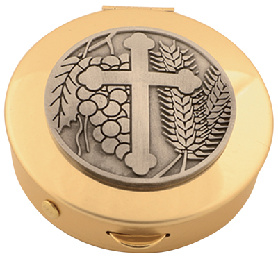 Pyx.  Brass with pewter cross medallion.  2-1/8&quot; x 1/2&quot;.  12 host cap.  Use with burse K-3215.