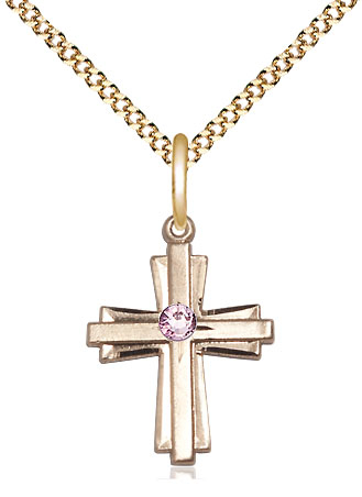 14kt Gold Filled Cross Pendant with a 3mm Light Amethyst Swarovski stone on a 18 inch Gold Plate Light Curb chain