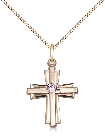 14kt Gold Filled Cross Pendant with a 3mm Light Amethyst Swarovski stone on a 18 inch Gold Filled Light Curb chain