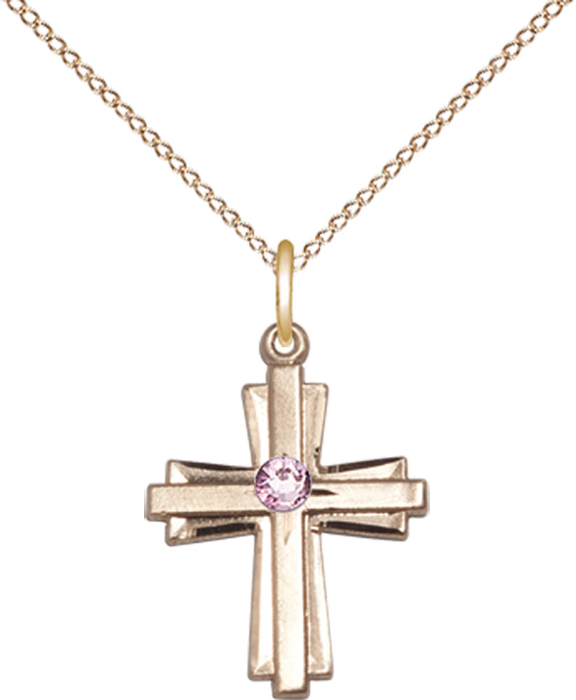 14kt Gold Filled Cross Pendant with a 3mm Light Amethyst Swarovski stone on a 18 inch Gold Filled Light Curb chain