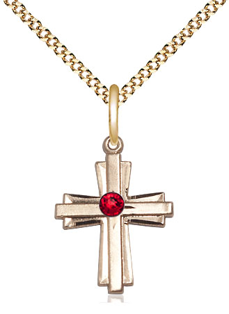 14kt Gold Filled Cross Pendant with a 3mm Ruby Swarovski stone on a 18 inch Gold Plate Light Curb chain