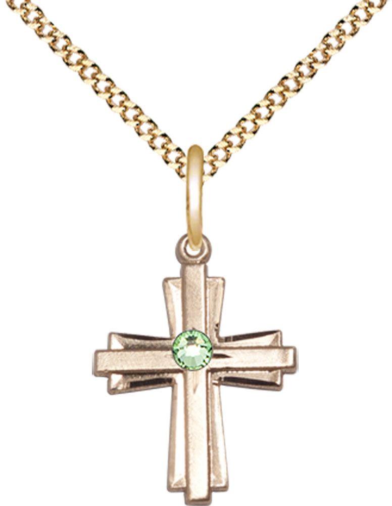 14kt Gold Filled Cross Pendant with a 3mm Peridot Swarovski stone on a 18 inch Gold Plate Light Curb chain