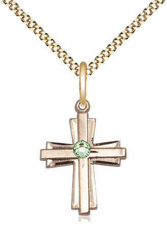 14kt Gold Filled Cross Pendant with a 3mm Peridot Swarovski stone on a 18 inch Gold Plate Light Curb chain