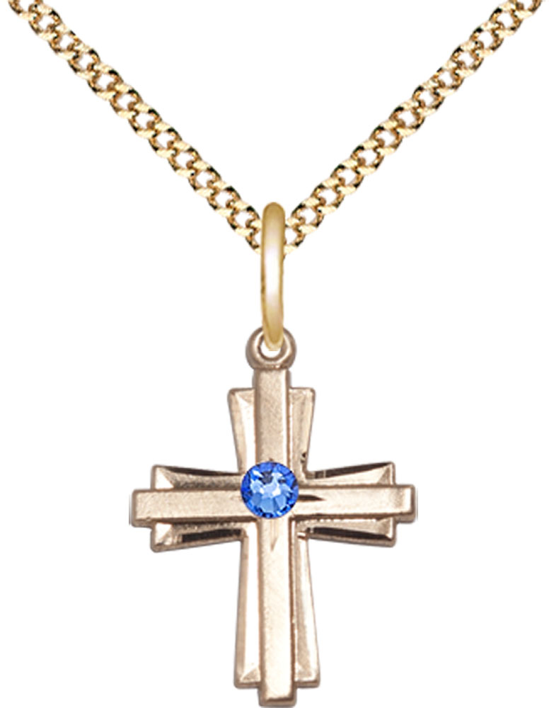 14kt Gold Filled Cross Pendant with a 3mm Sapphire Swarovski stone on a 18 inch Gold Plate Light Curb chain