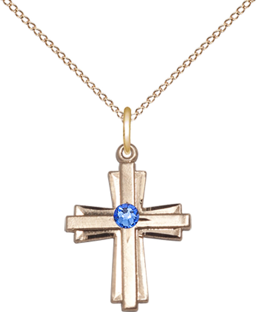 14kt Gold Filled Cross Pendant with a 3mm Sapphire Swarovski stone on a 18 inch Gold Filled Light Curb chain