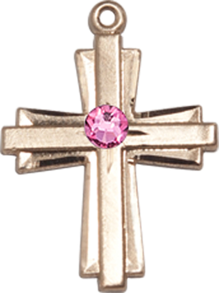14kt Gold Cross Medal with a 3mm Rose Swarovski stone