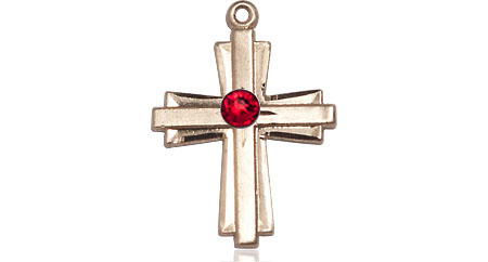 14kt Gold Cross Medal with a 3mm Ruby Swarovski stone