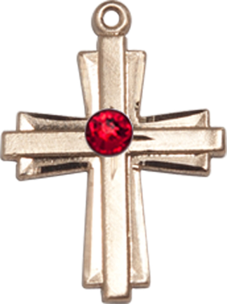 14kt Gold Cross Medal with a 3mm Ruby Swarovski stone