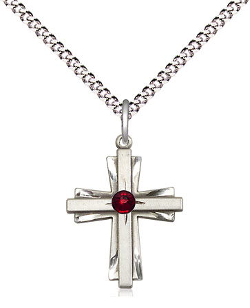 Sterling Silver Cross Pendant with a 3mm Garnet Swarovski stone on a 18 inch Light Rhodium Light Curb chain