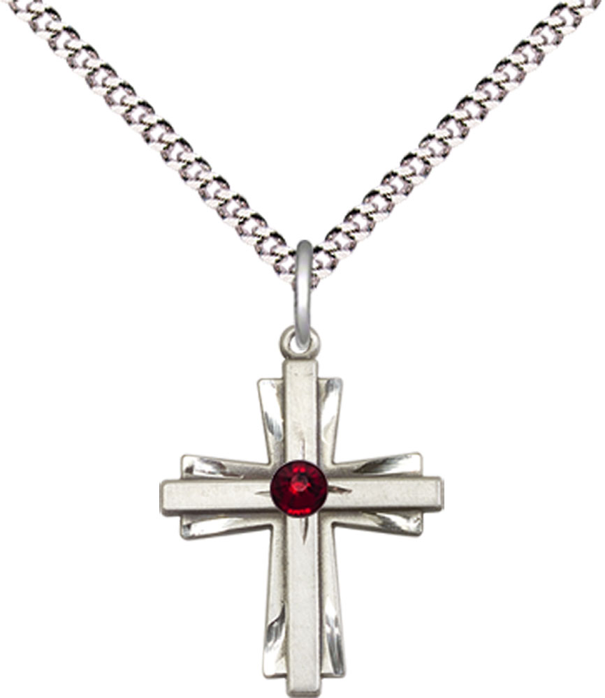 Sterling Silver Cross Pendant with a 3mm Garnet Swarovski stone on a 18 inch Light Rhodium Light Curb chain