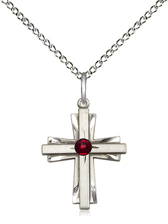 Sterling Silver Cross Pendant with a 3mm Garnet Swarovski stone on a 18 inch Sterling Silver Light Curb chain