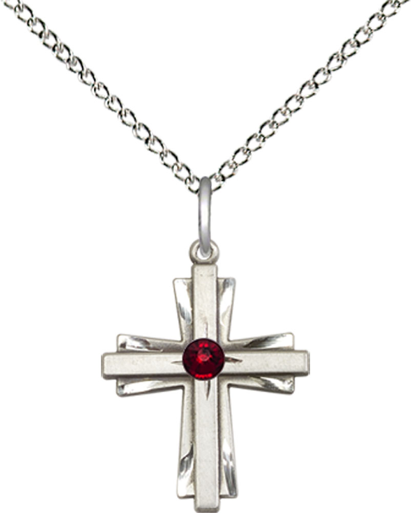 Sterling Silver Cross Pendant with a 3mm Garnet Swarovski stone on a 18 inch Sterling Silver Light Curb chain