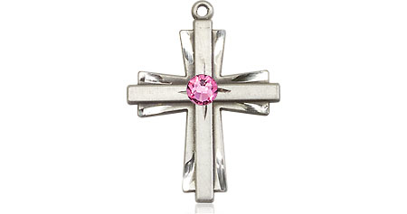 Sterling Silver Cross Medal with a 3mm Rose Swarovski stone