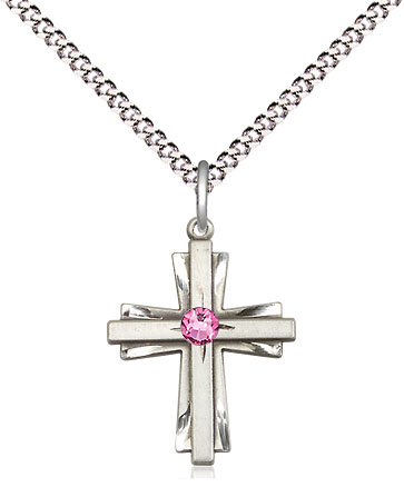 Sterling Silver Cross Pendant with a 3mm Rose Swarovski stone on a 18 inch Light Rhodium Light Curb chain