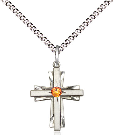 Sterling Silver Cross Pendant with a 3mm Topaz Swarovski stone on a 18 inch Light Rhodium Light Curb chain