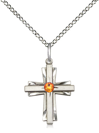 Sterling Silver Cross Pendant with a 3mm Topaz Swarovski stone on a 18 inch Sterling Silver Light Curb chain