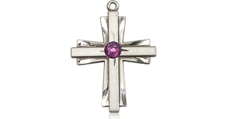 Sterling Silver Cross Medal with a 3mm Amethyst Swarovski stone