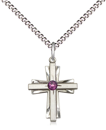 Sterling Silver Cross Pendant with a 3mm Amethyst Swarovski stone on a 18 inch Light Rhodium Light Curb chain