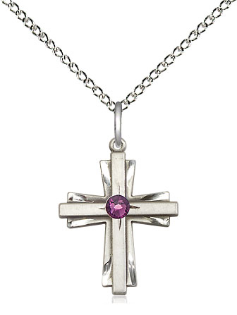 Sterling Silver Cross Pendant with a 3mm Amethyst Swarovski stone on a 18 inch Sterling Silver Light Curb chain