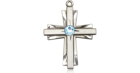 Sterling Silver Cross Medal with a 3mm Aqua Swarovski stone