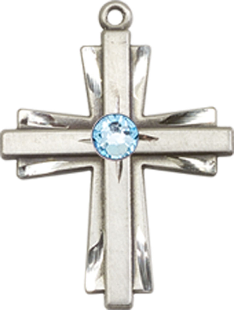 Sterling Silver Cross Medal with a 3mm Aqua Swarovski stone