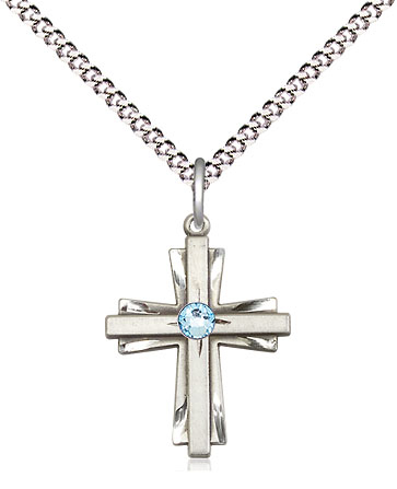 Sterling Silver Cross Pendant with a 3mm Aqua Swarovski stone on a 18 inch Light Rhodium Light Curb chain