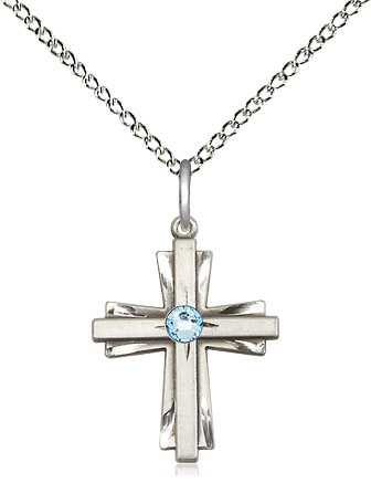 Sterling Silver Cross Pendant with a 3mm Aqua Swarovski stone on a 18 inch Sterling Silver Light Curb chain