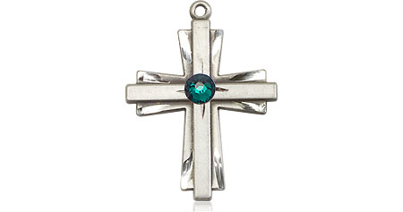 Sterling Silver Cross Medal with a 3mm Emerald Swarovski stone