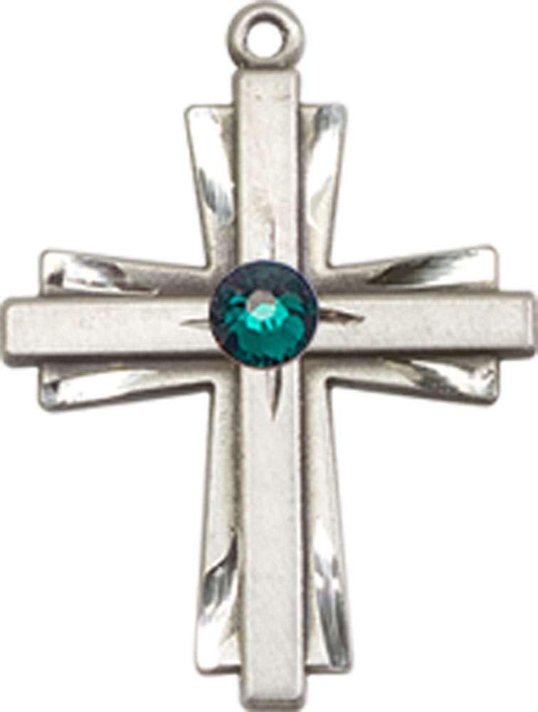 Sterling Silver Cross Medal with a 3mm Emerald Swarovski stone